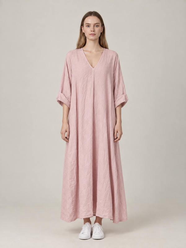 Lichtroze Maxi Jurk Dames met V-Hals – Luchtige Linnenlook