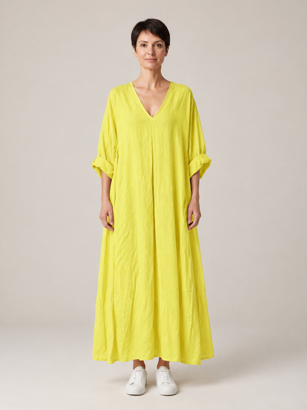 Gele Maxi Jurk Dames met V-Hals – Luchtige Linnenlook