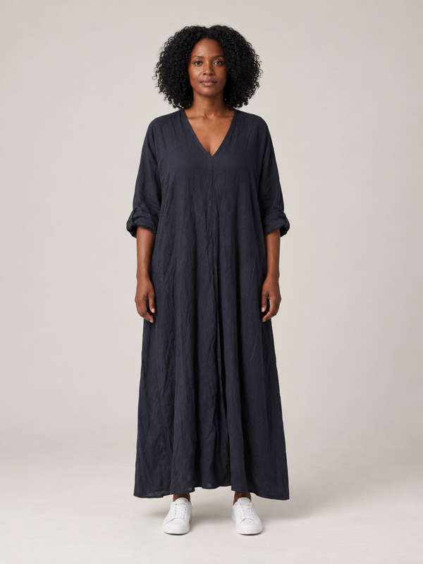 Donkerblauwe Maxi Jurk Dames met V-Hals – Luchtige Linnenlook