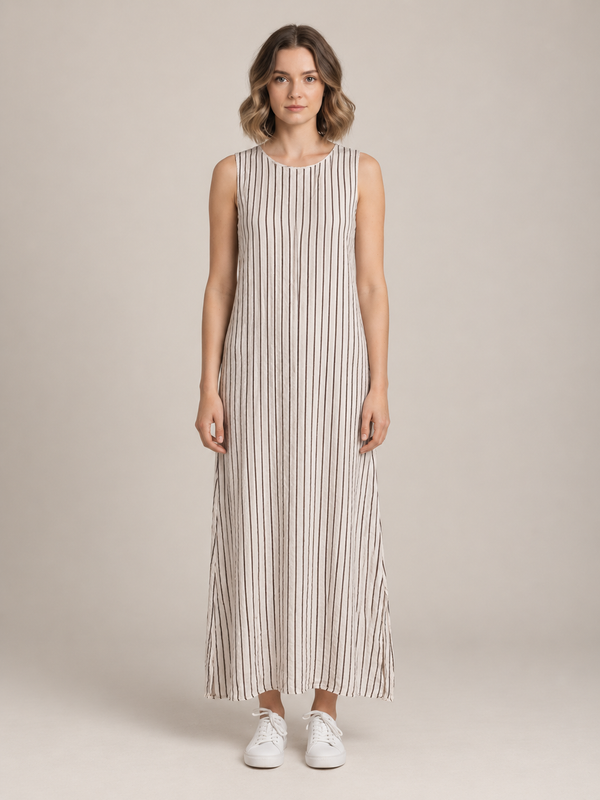 Beige Gestreepte Maxi Jurk Dames zonder Mouwen – Luchtige Linnenlook
