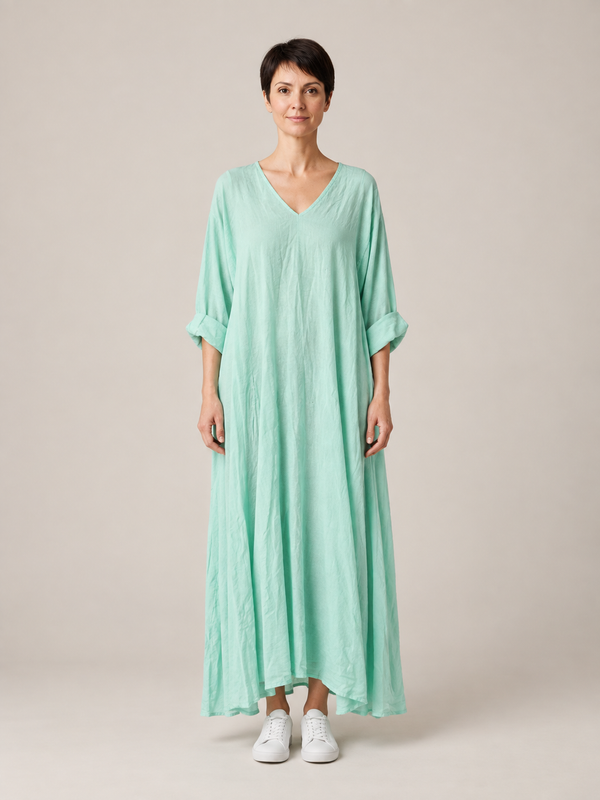 Mintgroene Maxi Jurk Dames met V-Hals – Luchtige Linnenlook