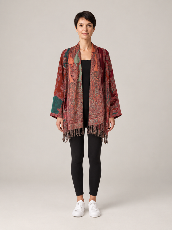 Paisley Kimono Dames met Franjes – Bohemian Vest in Rood & Groen