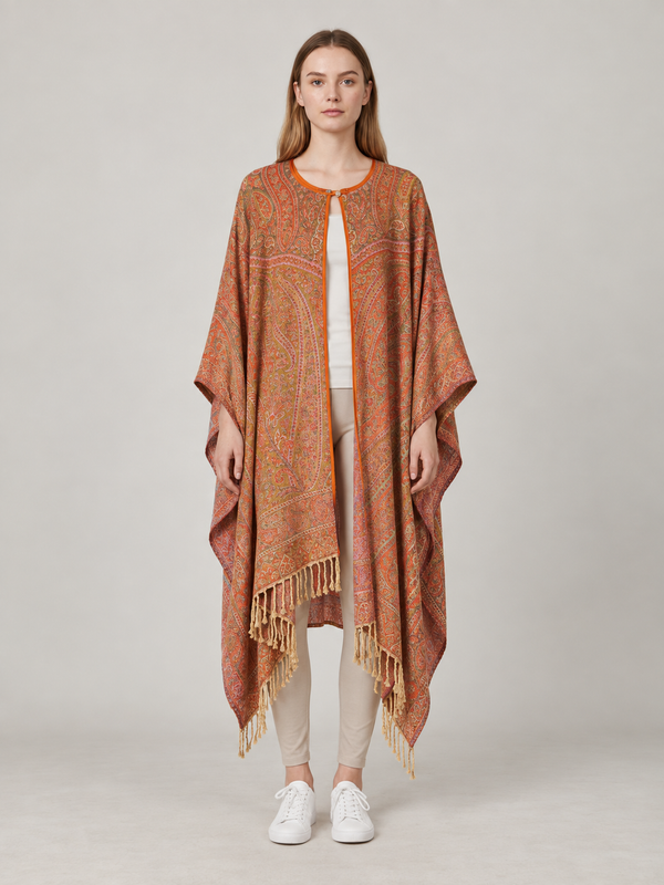 Oranje Paisley Vest Dames met Franjes – Bohemian Stijl met Open Voorzijde