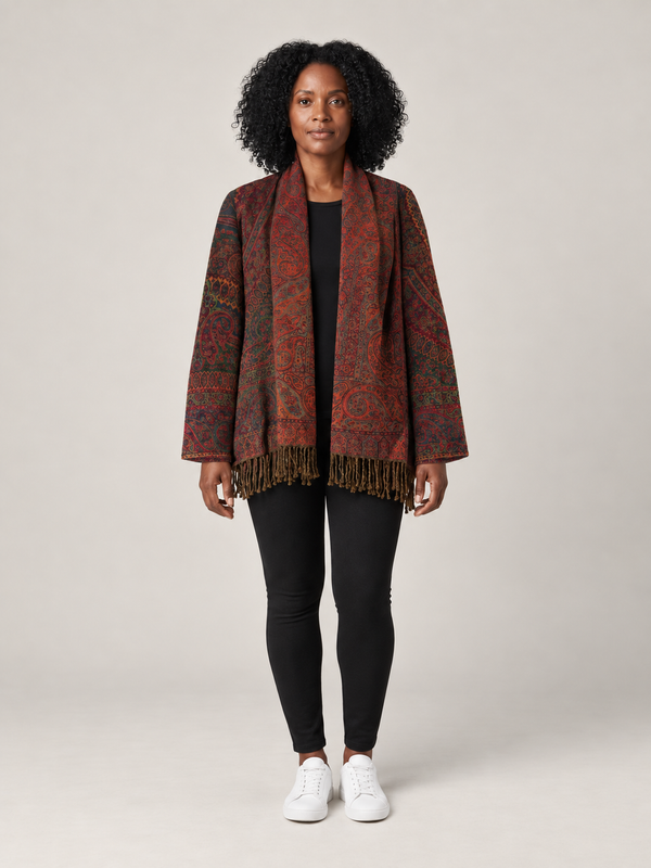 Roestkleurig Paisley Vest Dames met Franjes – Bohemian Vest met Sjaalkraag