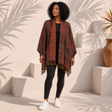 Rood-Groen Paisley Vest Dames met Franjes – Bohemian Stijl met Sjaalkraag