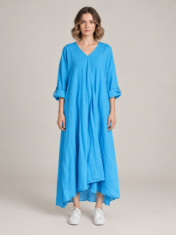 Turquoise Maxi Jurk Dames met V-Hals – Luchtige Linnenlook