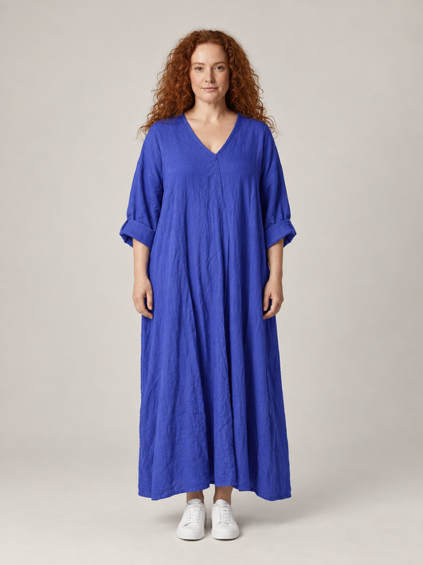 Kobaltblauwe Maxi Jurk Dames met V-Hals – Luchtige Linnenlook