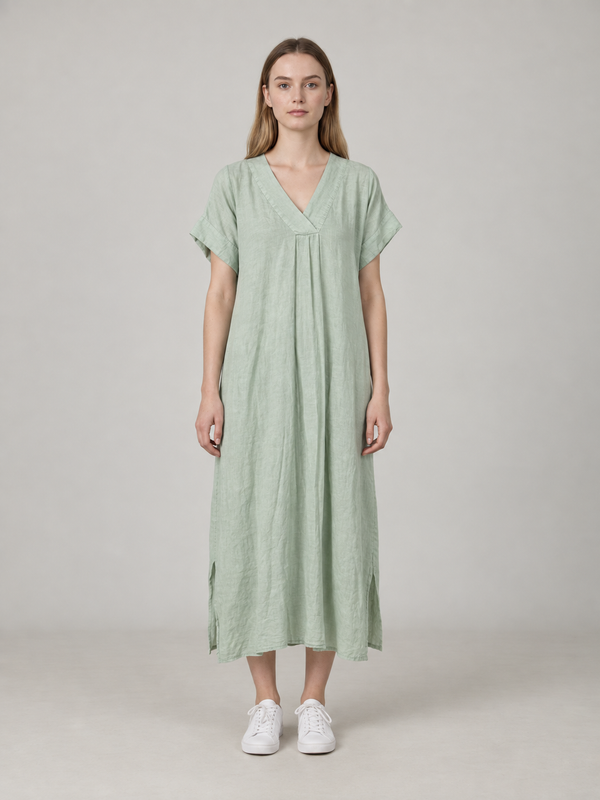 Mintgroene Maxi Jurk Dames met V-Hals – Luchtige Linnenlook