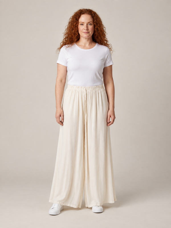 Crèmekleurige Wijde Damesbroek met Elastische Taille – Luchtige Palazzo Broek