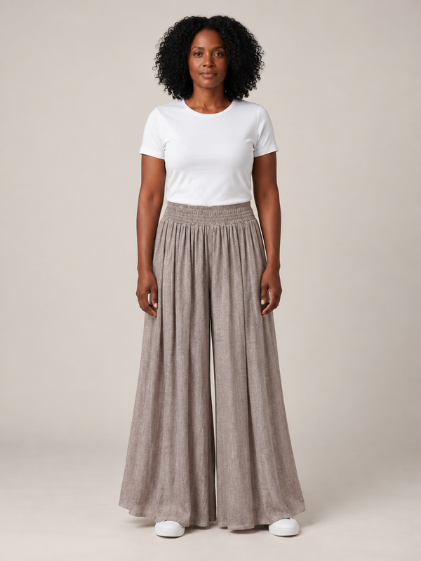Taupe Palazzo Broek Dames met Elastische Taille – Wijde Linnenlook Broek