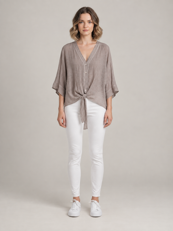 Taupe Damesblouse met Knoopdetail – Luchtige Linnenlook Blouse