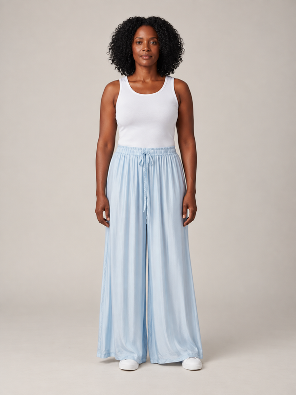 Lichtblauwe Palazzo Broek Dames met Elastische Taille – Wijde Satijnlook Broek