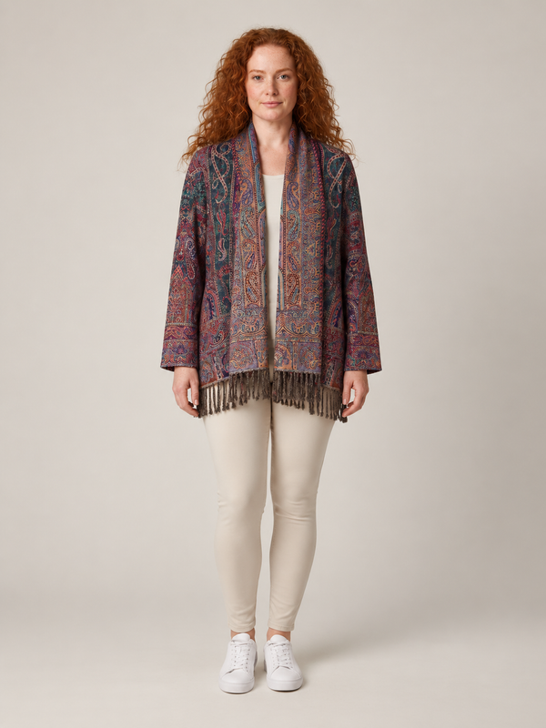 Paisley vest met sjaalkraag en franjes - multicolor