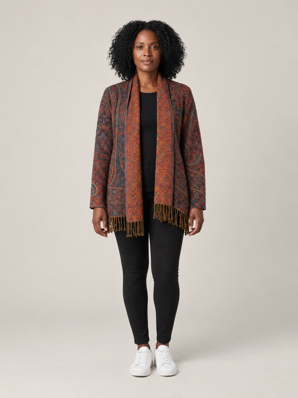 Paisley Vest Dames met Sjaalkraag en Franjes – Bohemian Vest in Petrol & Oranje