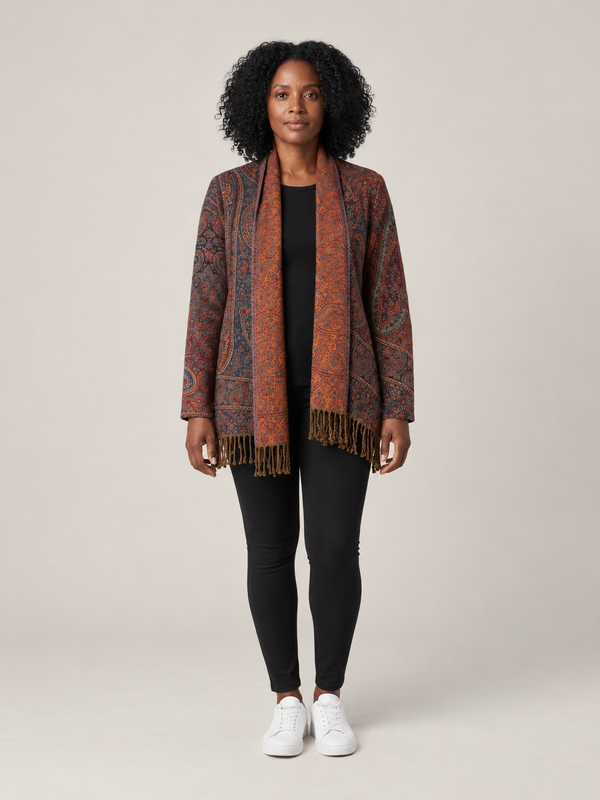 Paisley Vest Dames met Sjaalkraag en Franjes – Bohemian Vest in Petrol & Oranje