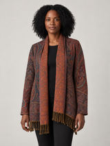 Paisley Vest Dames met Sjaalkraag en Franjes – Bohemian Vest in Petrol & Oranje
