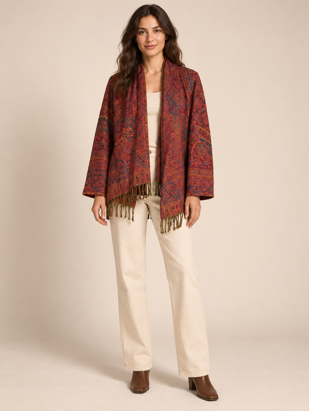 Rood Paisley Vest Dames met Franjes – Bohemian Vest met Sjaalkraag