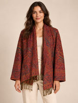 Rood Paisley Vest Dames met Franjes – Bohemian Vest met Sjaalkraag