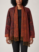 Rood Paisley Vest Dames met Sjaalkraag en Franjes – Bohemian Vest in Warme Tinten