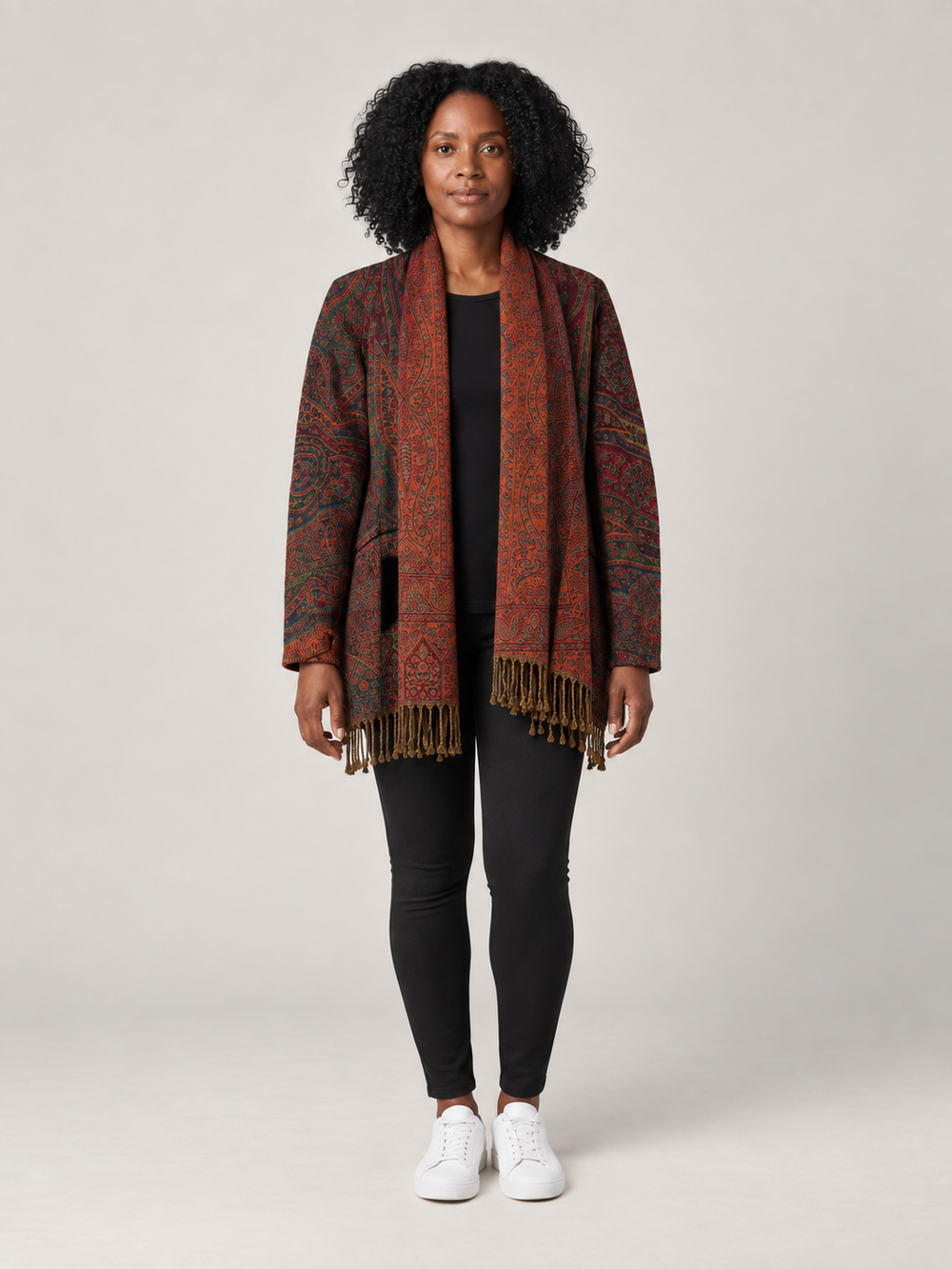 Groen Paisley Vest Dames met Franjes – Bohemian Cardigan met Sjaalkraag