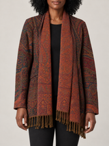 Groen Paisley Vest Dames met Franjes – Bohemian Cardigan met Sjaalkraag