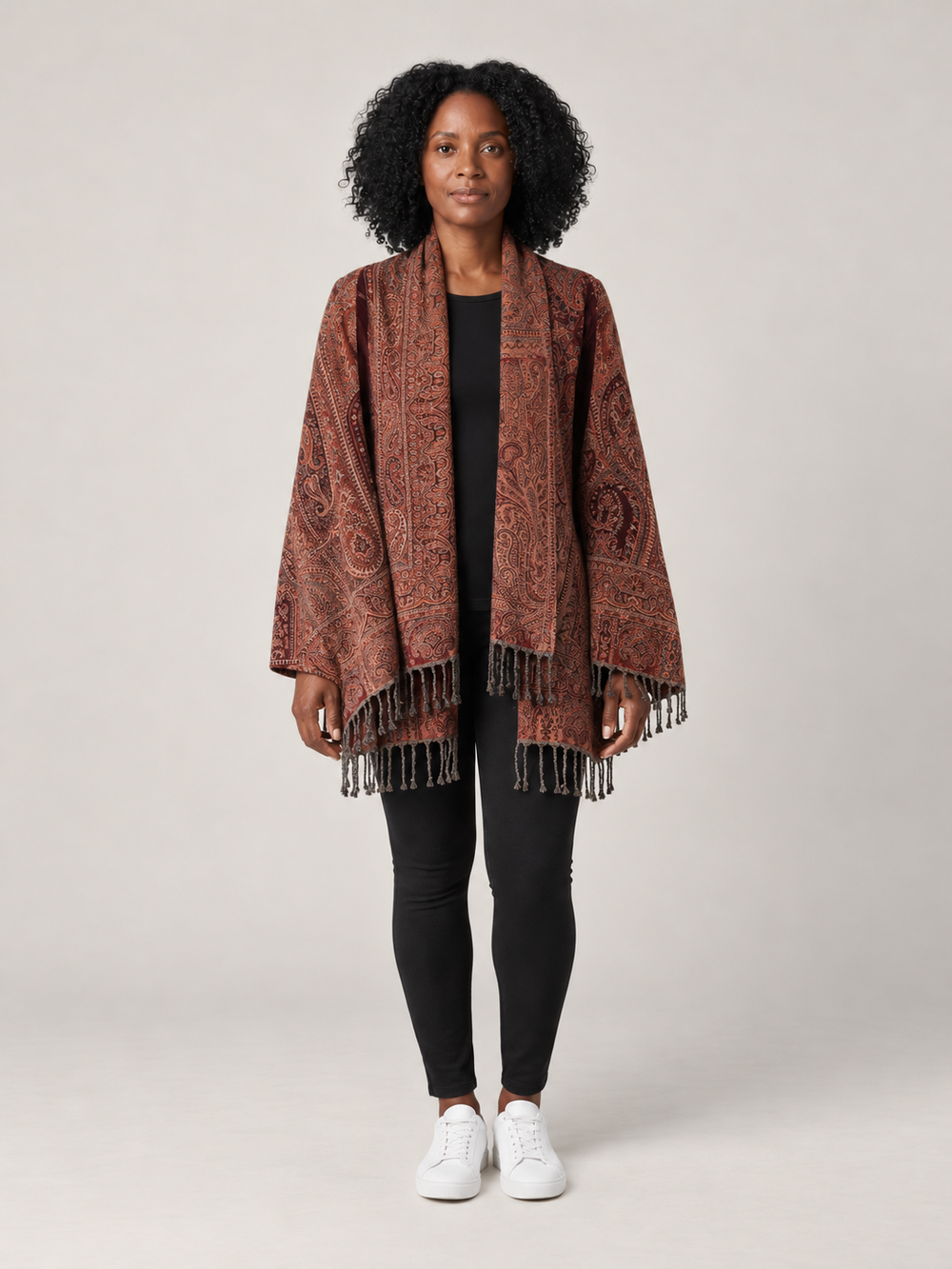 Bruine Paisley Poncho Dames met Franjes – Bohemian Cape in Warme Tinten