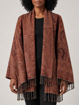 Bruine Paisley Poncho Dames met Franjes – Bohemian Cape in Warme Tinten