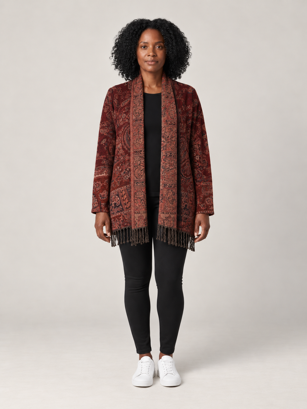 Bordeaux Paisley Vest Dames met Franjes – Bohemian Vest met Sjaalkraag