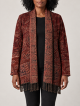 Bordeaux Paisley Vest Dames met Franjes – Bohemian Vest met Sjaalkraag