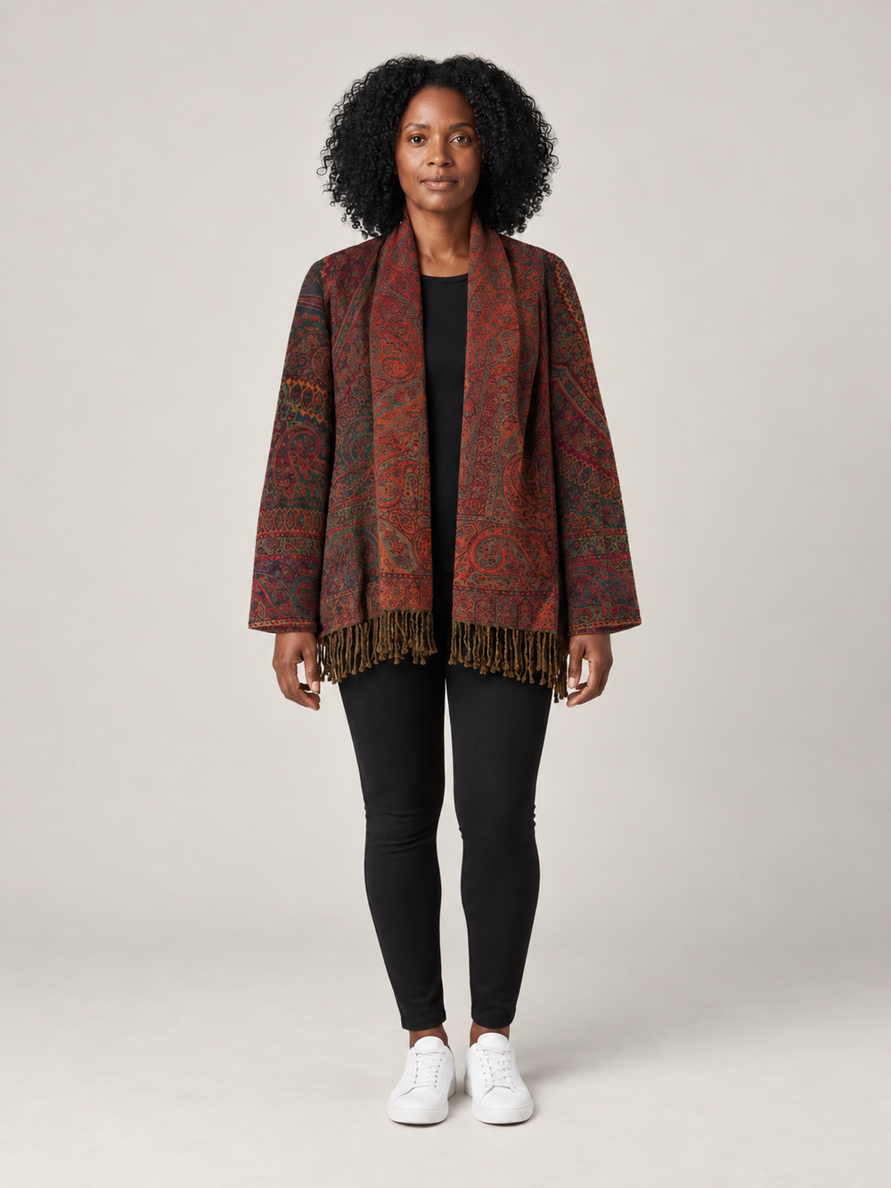 Roestkleurig Paisley Vest Dames met Franjes – Bohemian Vest met Sjaalkraag