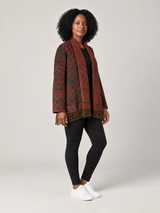 Roestkleurig Paisley Vest Dames met Franjes – Bohemian Vest met Sjaalkraag
