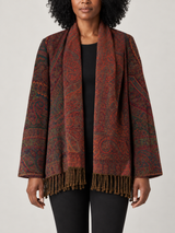 Roestkleurig Paisley Vest Dames met Franjes – Bohemian Vest met Sjaalkraag