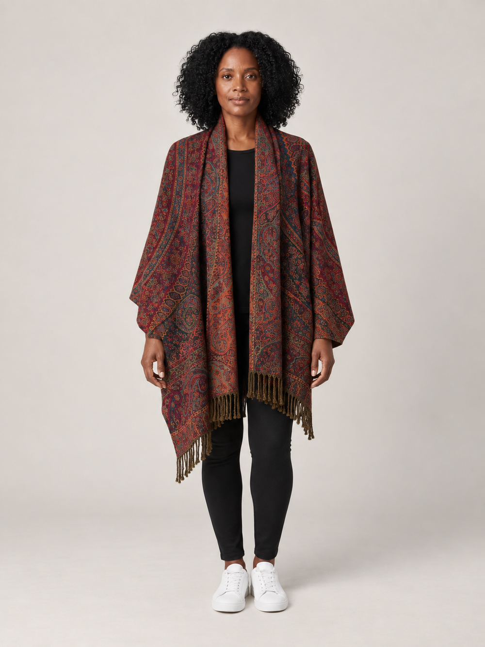 Paisley Poncho Dames met Franjes – Bohemian Cape in Rood, Groen & Oranje