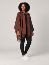 Rood-Groene Paisley Poncho Dames met Franjes – Bohemian Cape met Sjaalkraag