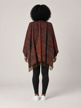 Rood-Groene Paisley Poncho Dames met Franjes – Bohemian Cape met Sjaalkraag