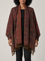 Rood-Groene Paisley Poncho Dames met Franjes – Bohemian Cape met Sjaalkraag