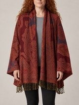 Bordeauxrode Paisley Poncho Dames met Franjes – Bohemian Cape met Sjaalkraag