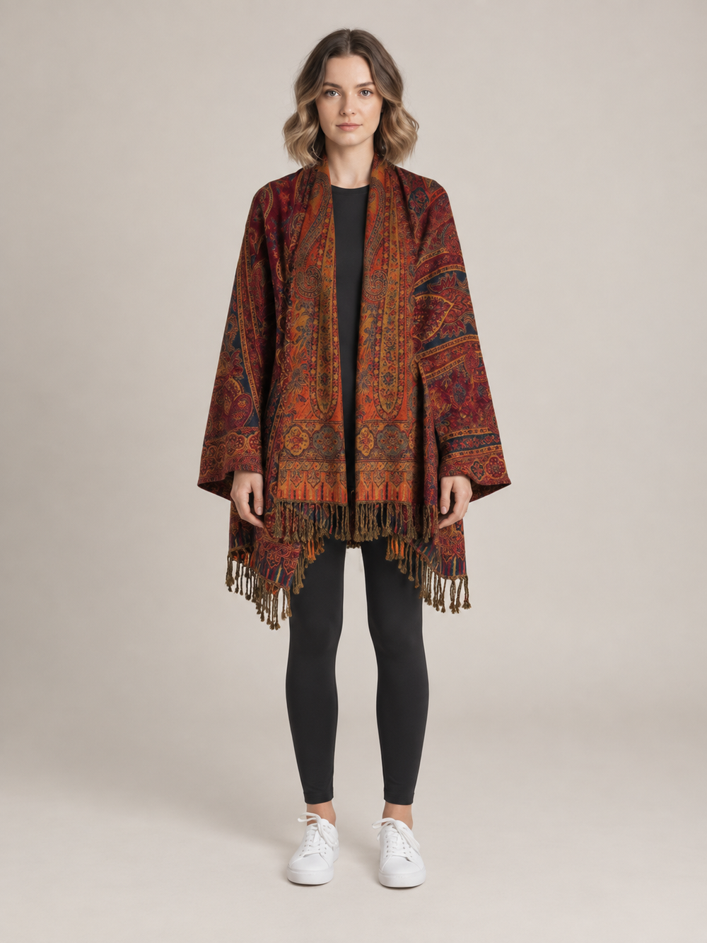 Paisley Poncho Dames met Franjes – Bohemian Ruana in Bordeaux & Oranje