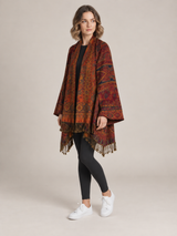 Paisley Poncho Dames met Franjes – Bohemian Ruana in Bordeaux & Oranje