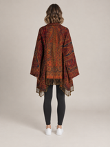 Paisley Poncho Dames met Franjes – Bohemian Ruana in Bordeaux & Oranje