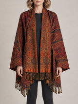 Paisley Poncho Dames met Franjes – Bohemian Ruana in Bordeaux & Oranje