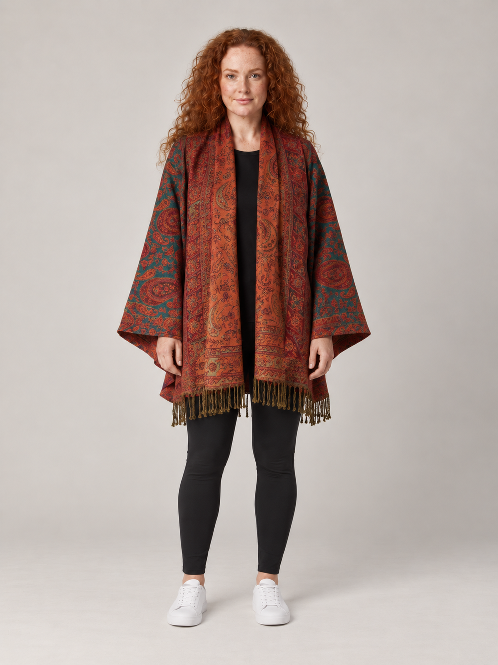 Roestkleurige Paisley Poncho Dames met Franjes – Bohemian Ruana met Open Voorzijde