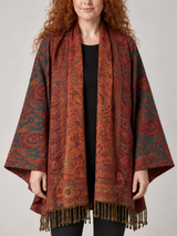 Roestkleurige Paisley Poncho Dames met Franjes – Bohemian Ruana met Open Voorzijde