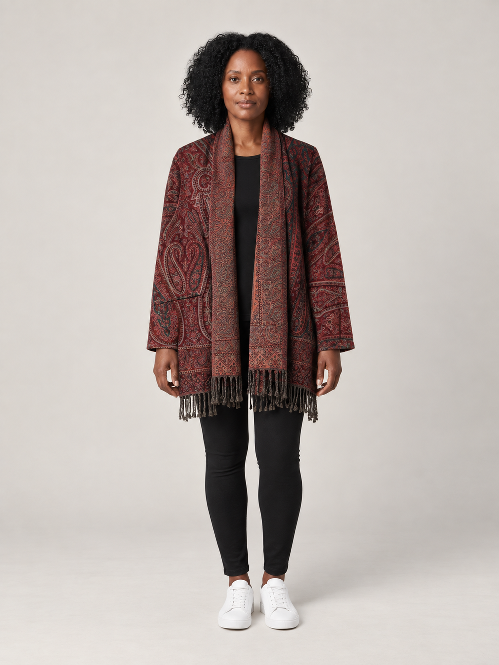 Bordeaux Paisley Vest Dames met Franjes – Bohemian Open Cardigan