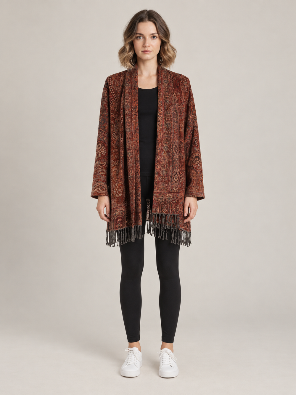 Bruin-Roest Paisley Vest Dames met Franjes – Bohemian Open Cardigan