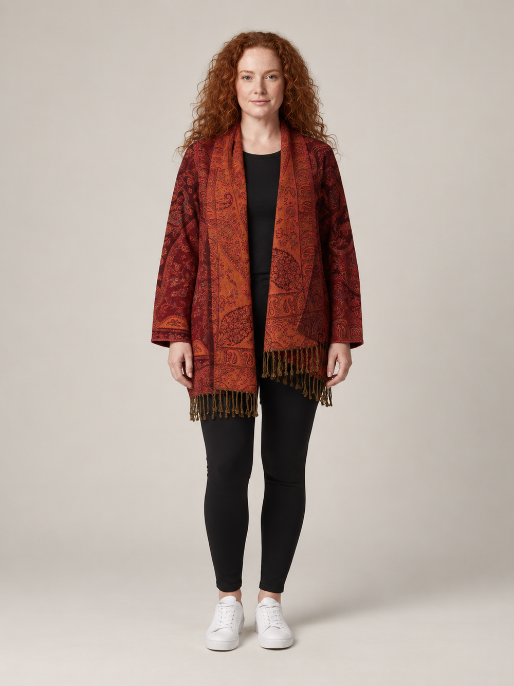 Rood-Oranje Paisley Vest Dames met Franjes – Bohemian Open Cardigan