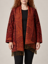 Rood-Oranje Paisley Vest Dames met Franjes – Bohemian Open Cardigan