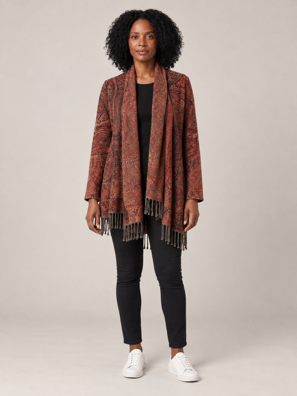 Roestbruine Paisley Cardigan Dames met Franjes – Bohemian Open Front Vest