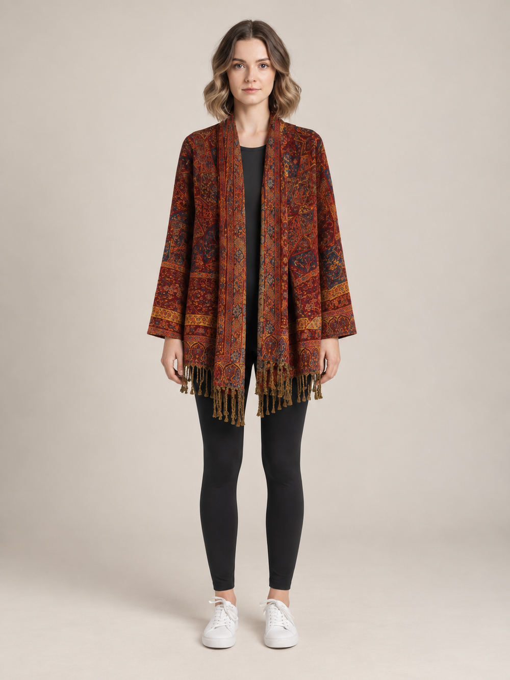 Donkerrood Paisley Vest Dames met Franjes – Bohemian Open Cardigan