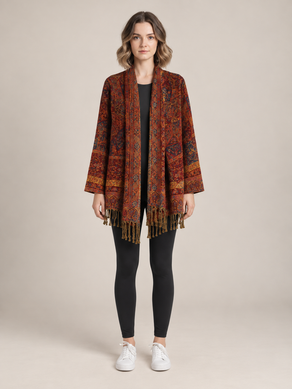 Donkerrood Paisley Vest Dames met Franjes – Bohemian Open Cardigan